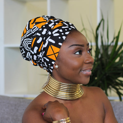 Easy headwrap - Gorro de pelo forrado satinado - Negro / naranja Amaka