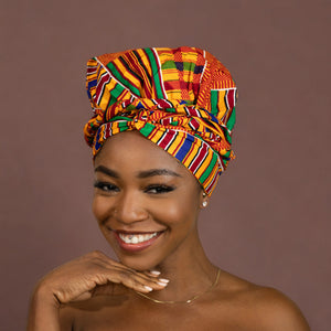 Easy headwrap - Gorro forrado de raso - Kente Naranja / azul / rojo