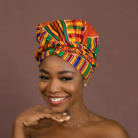 Easy headwrap - Gorro forrado de raso - Kente Naranja / azul / rojo