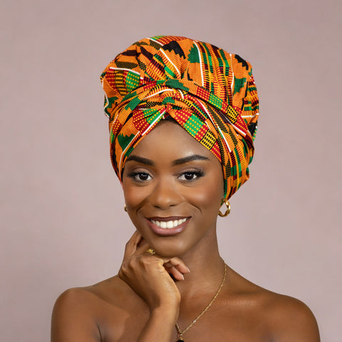 Easy headwrap - Gorro forrado de raso - Kente Naranja / verde