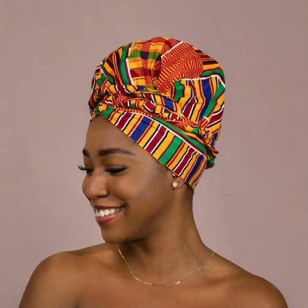 Easy headwrap - Gorro forrado de raso - Kente Naranja / azul / rojo