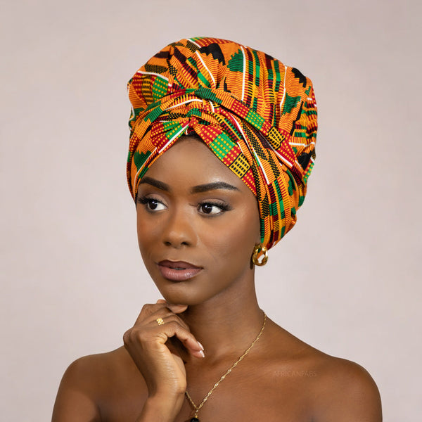 Easy headwrap - Gorro forrado de raso - Kente Naranja / verde