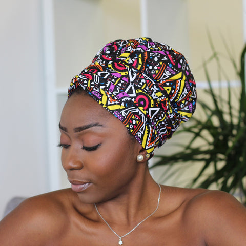 Easy headwrap - Gorro de pelo con forro de satén - Estampado tribal amarillo/morado