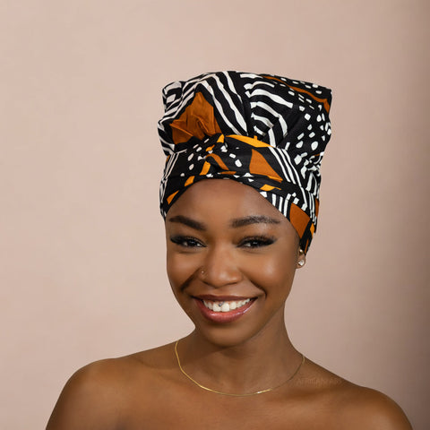 Easy headwrap - Gorro de pelo con forro satinado - Tela barro negra / naranja