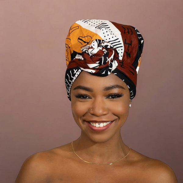 Easy headwrap - Gorro de pelo con forro satinado - Marrón oscuro / Amarillo Bogolan Symbols