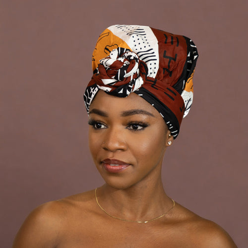 Easy headwrap - Gorro de pelo con forro satinado - Marrón oscuro / Amarillo Bogolan Symbols