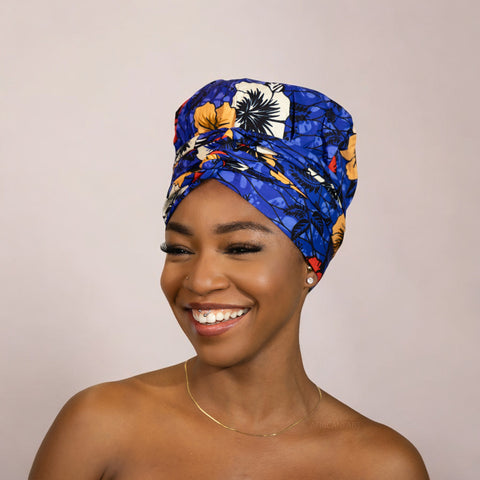 Easy headwrap - Gorro de pelo con forro satinado - Flor azul 