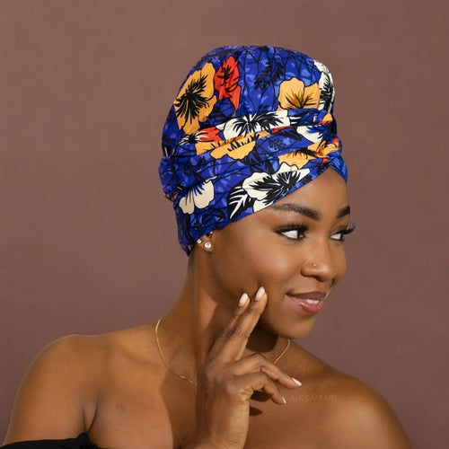 Easy headwrap - Gorro de pelo con forro satinado - Flor azul 