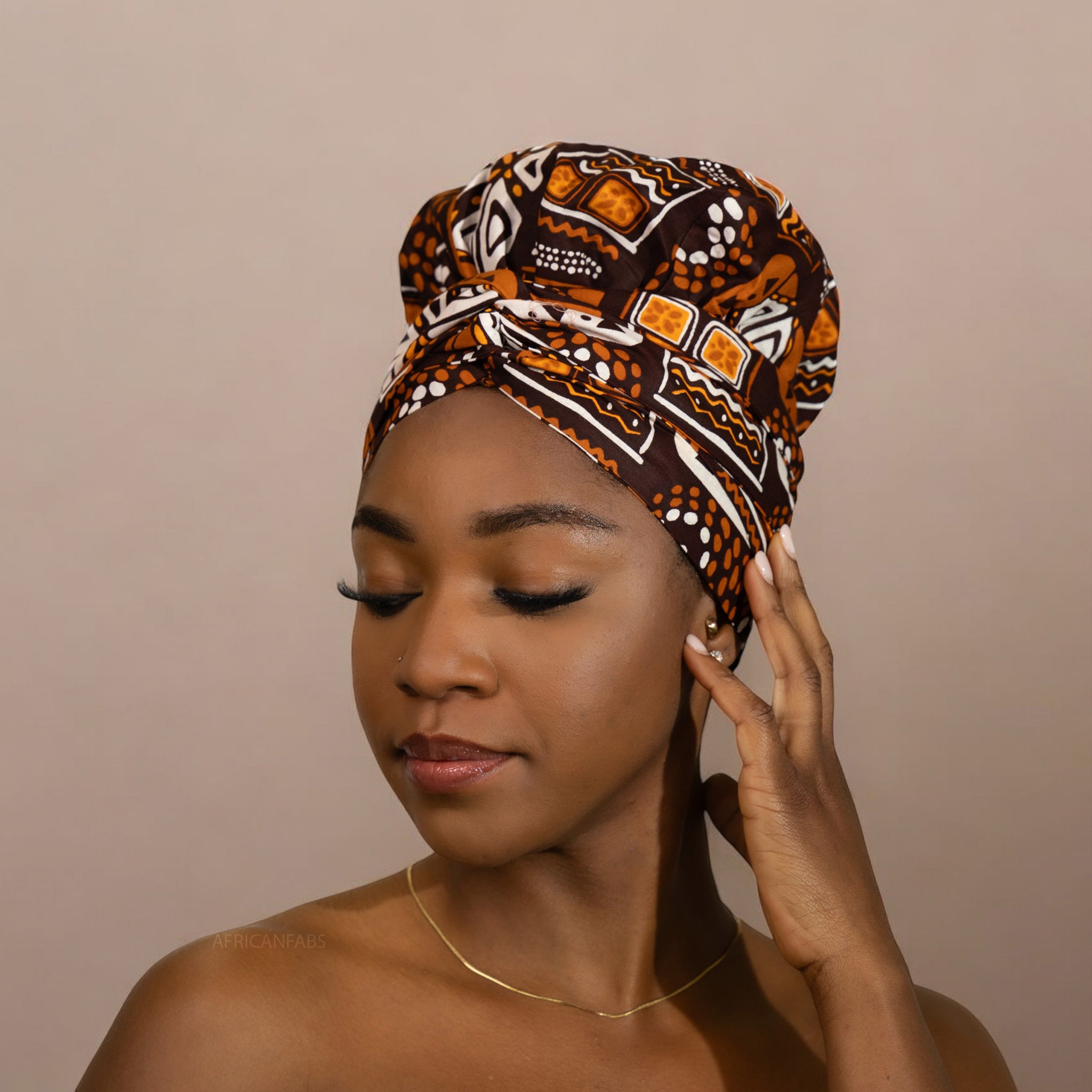 Easy headwrap - Gorro de pelo con forro satinado - Patrones marrones / Tela de barro