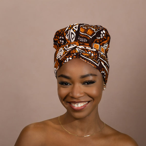 Easy headwrap - Gorro de pelo con forro satinado - Patrones marrones / Tela de barro