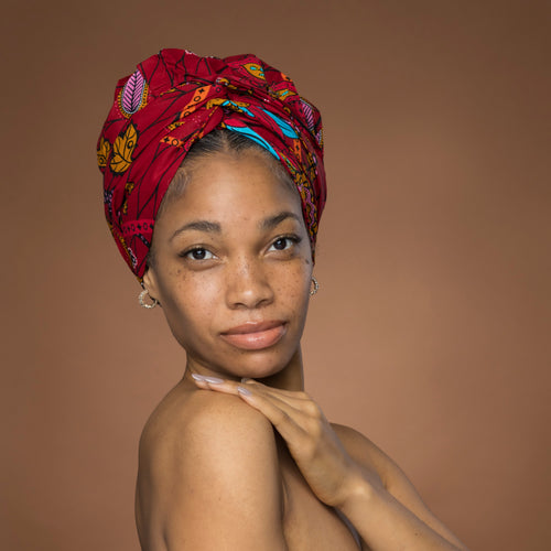 Easy headwrap - Gorro de pelo con forro satinado - Rojo oscuro & Amarillo Botanical Flow