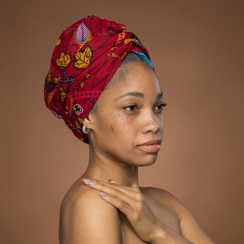 Easy headwrap - Gorro de pelo con forro satinado - Rojo oscuro & Amarillo Botanical Flow