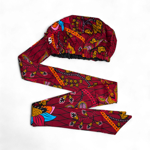 Easy headwrap - Gorro de pelo con forro satinado - Rojo oscuro & Amarillo Botanical Flow