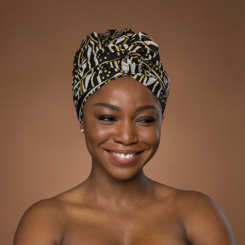 Easy headwrap - Gorro de pelo con forro satinado - Negro Amarillo Ndop Camerún