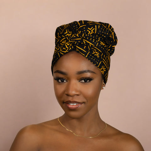 Easy headwrap - Gorro de pelo con forro de satén - Bogolan negro / amarillo