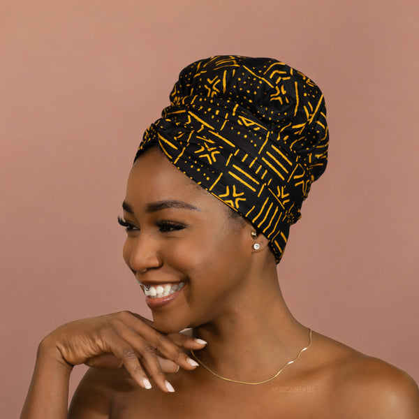 Easy headwrap - Gorro de pelo con forro de satén - Bogolan negro / amarillo