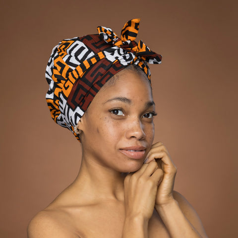 Easy headwrap - Gorro de pelo con forro satinado - Marrón & Amarillo-naranja Bloques Kuba