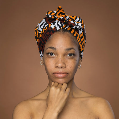 Easy headwrap - Gorro de pelo con forro satinado - Marrón & Amarillo-naranja Bloques Kuba