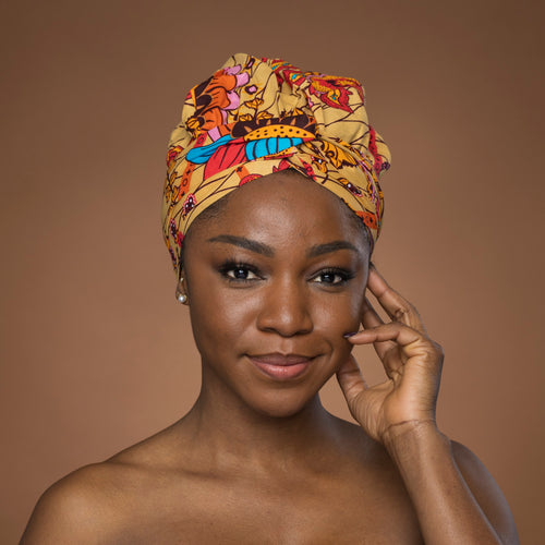 Easy headwrap - Gorro de pelo con forro satinado - Beige & Naranja Botanical Flow
