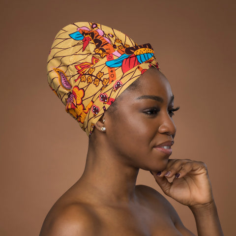 Easy headwrap - Gorro de pelo con forro satinado - Beige & Naranja Botanical Flow