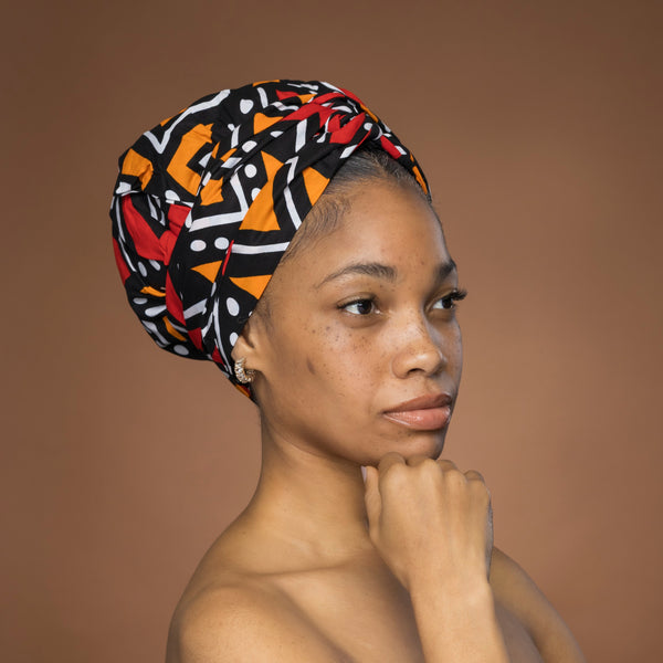 Easy headwrap - Gorro de pelo con forro satinado - Rojo y naranja Bogolan