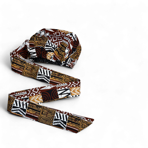 Easy headwrap - Gorro de pelo con forro satinado - Marrón Mosaico Bogolan