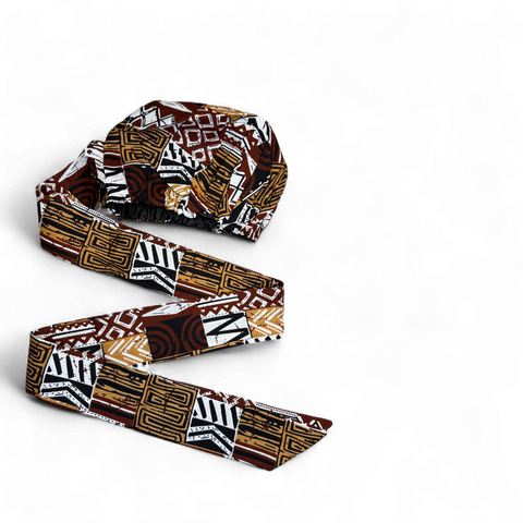 Easy headwrap - Gorro de pelo con forro satinado - Marrón Mosaico Bogolan