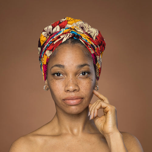 Easy headwrap - Gorro de pelo con forro satinado - Rojo & Azul Flores