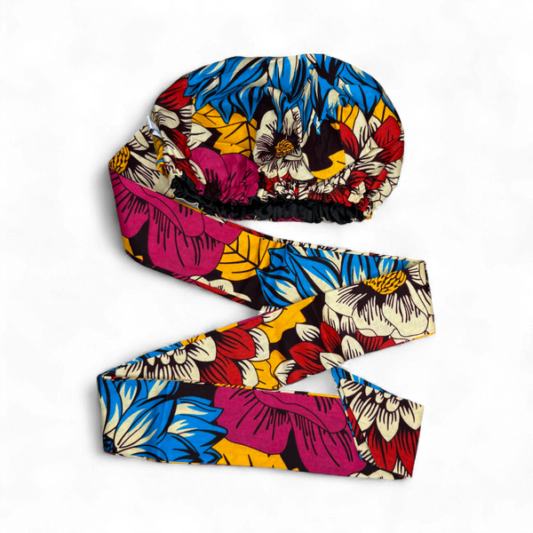 Easy headwrap - Gorro de pelo con forro satinado - Rojo & Azul Flores
