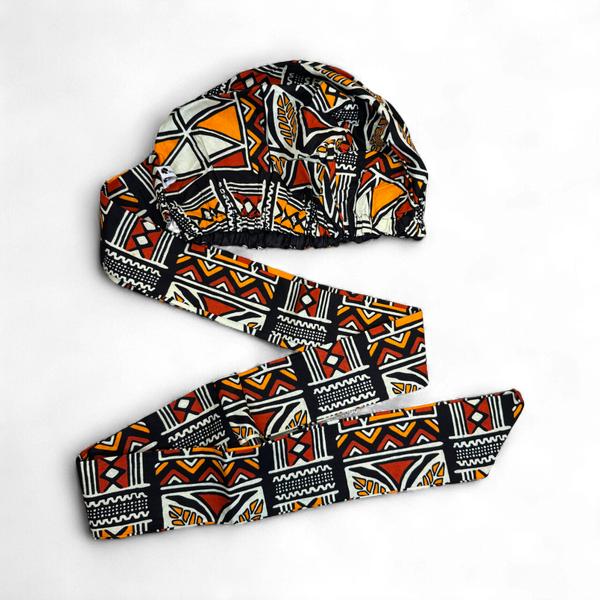 Easy headwrap - Gorro de pelo con forro satinado - Rojo & Naranja Símbolos Bogolan