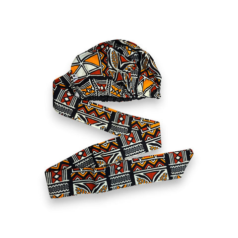 Easy headwrap - Gorro de pelo con forro satinado - Rojo & Naranja Símbolos Bogolan