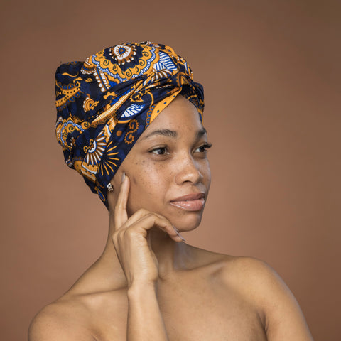 Easy headwrap - Gorro de pelo con forro satinado - Azul Amarillo Paisley