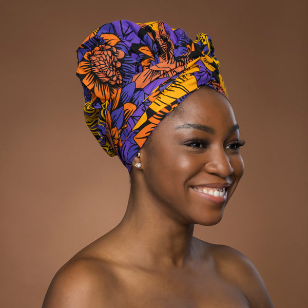 Easy headwrap - Gorro de pelo con forro de satén - Amarillo & Morado Flores