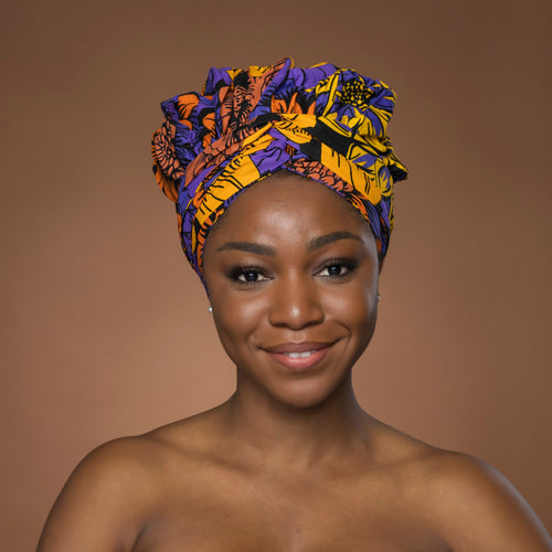 Easy headwrap - Gorro de pelo con forro de satén - Amarillo & Morado Flores