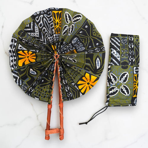 Abanico africano - Abanico estampado Ankara - Verde oliva Mostaza Agyeman