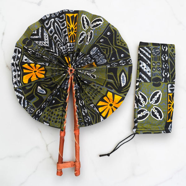 Abanico africano - Abanico estampado Ankara - Verde oliva Mostaza Agyeman