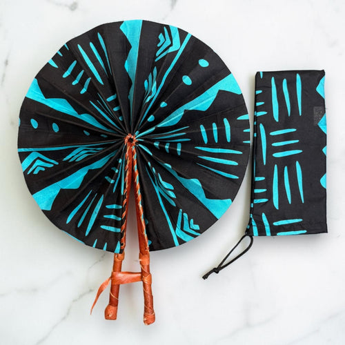 Abanico africano - Abanico estampado Ankara - Negro Turquesa Nyamekye