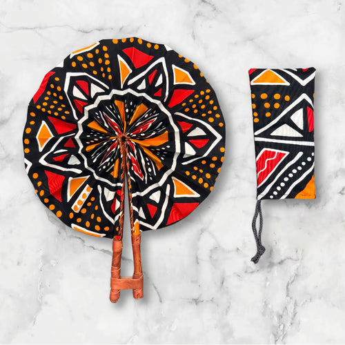 Abanico africano - Abanico estampado Ankara - Negro Rojo Yaw