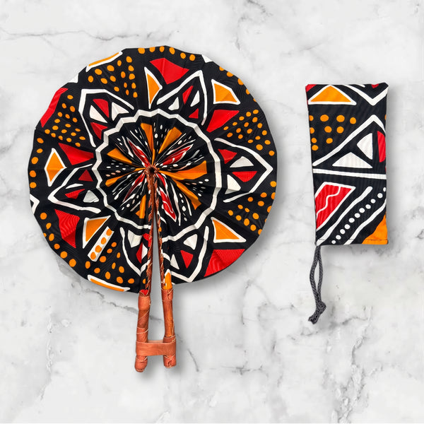 Abanico africano - Abanico estampado Ankara - Negro Rojo Yaw