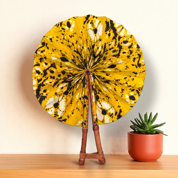 African Hand fan - Ankara print Hand fan - Yellow Black Esi