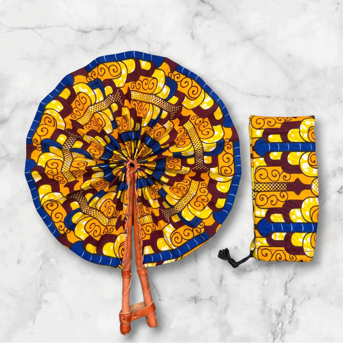 Abanico africano - Abanico estampado Ankara - Amarillo Azul Adeola