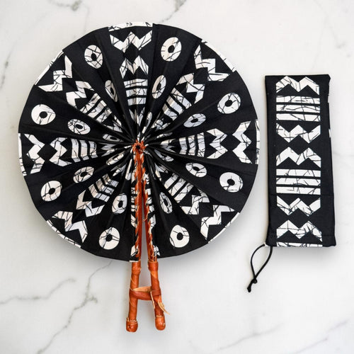 Abanico africano - Abanico estampado Ankara - Negro Blanco Ofori