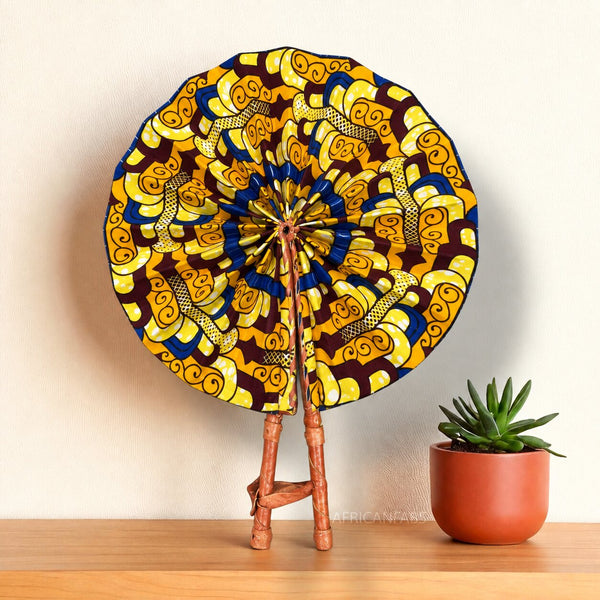 African Hand fan - Ankara print Hand fan - Yellow Blue Adeola