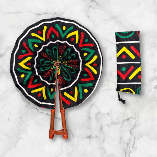 Abanico africano - Abanico estampado Ankara - Negro Amarillo Aderonke