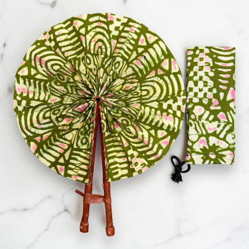 Abanico africano - Abanico estampado Ankara - Verde oliva Crema Bediako