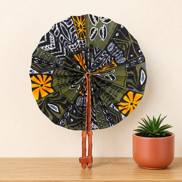 Abanico africano - Abanico estampado Ankara - Verde oliva Negro Eniola