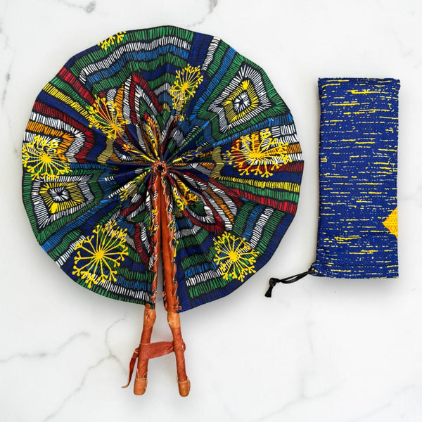 Abanico africano - Abanico estampado Ankara - Azul Amarillo Boakye