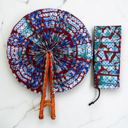 Abanico africano - Abanico estampado Ankara - Granate Azul claro Antwi