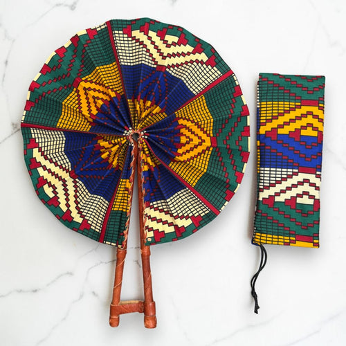 Abanico africano - Abanico estampado Ankara - Azul Amarillo Frimpong