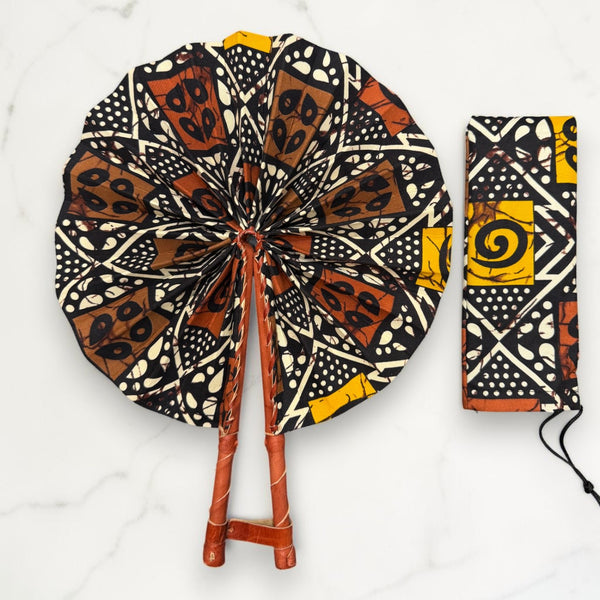 Abanico africano - Abanico estampado Ankara - Mostaza Marrón Aidoo